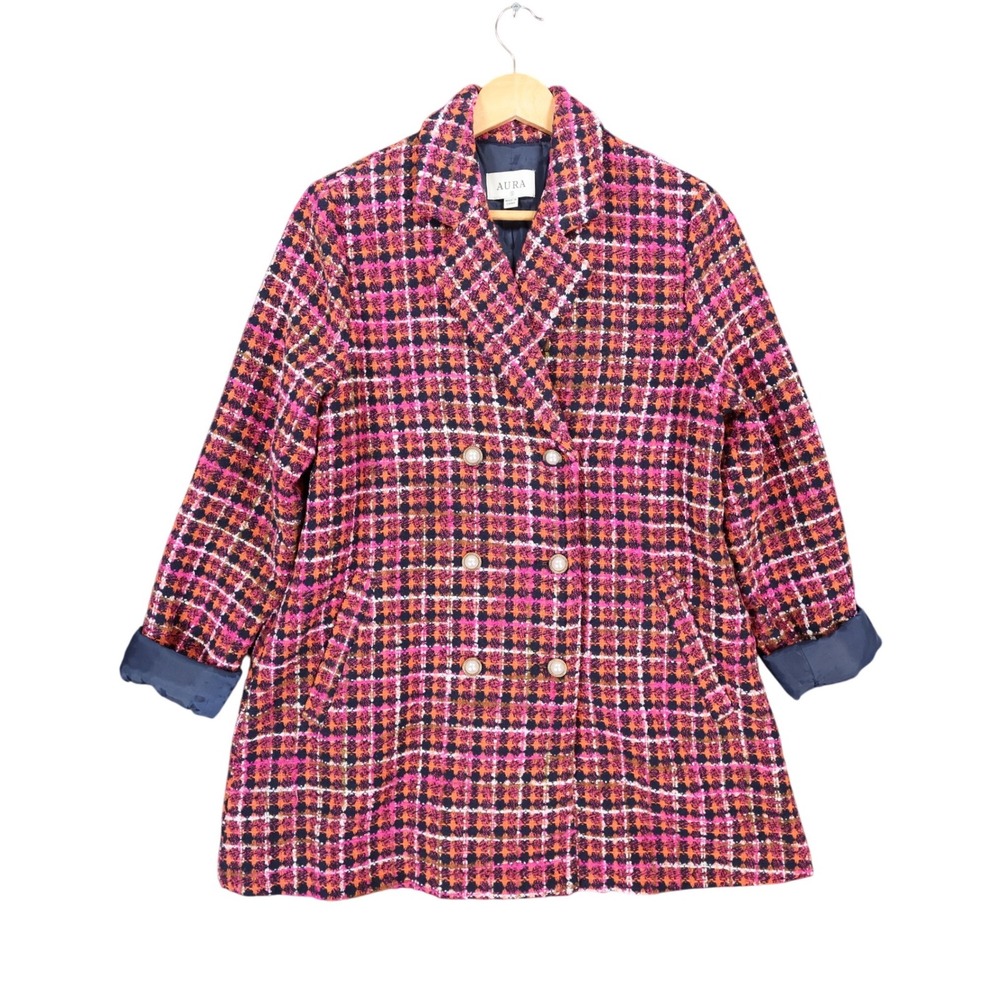 Aura Tweed Coat Women Small Pink Excellent Double Breasted Plaid Peacoat